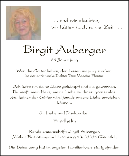 Traueranzeige von Birgit Auberger von Neue Westfälische