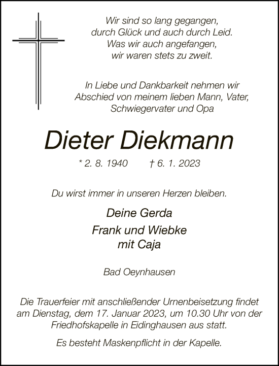 Traueranzeige von Dieter Diekmann von Neue Westfälische