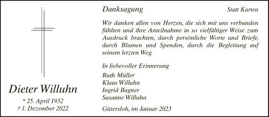 Traueranzeige von Dieter Willuhn von Neue Westfälische
