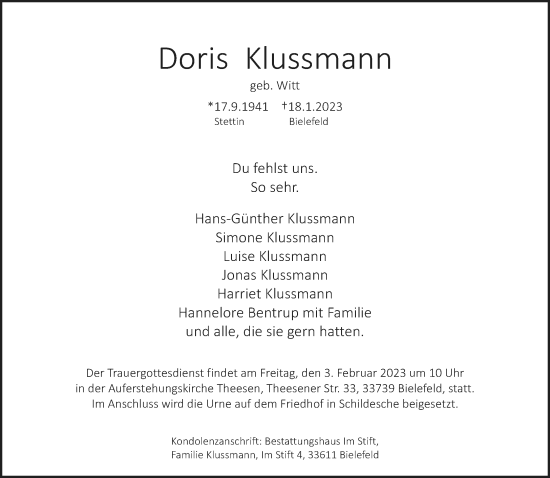 Traueranzeige von Doris Klussmann von Neue Westfälische