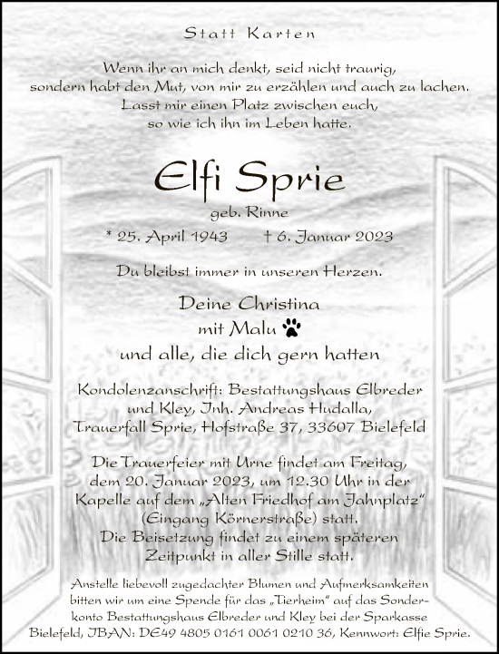 Traueranzeige von Elfi Sprie von Neue Westfälische