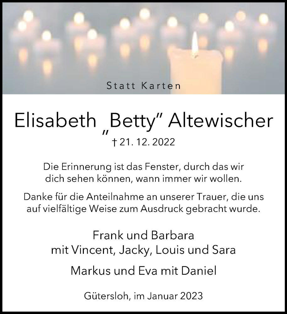  Traueranzeige für Elisabeth Altewischer vom 14.01.2023 aus Neue Westfälische