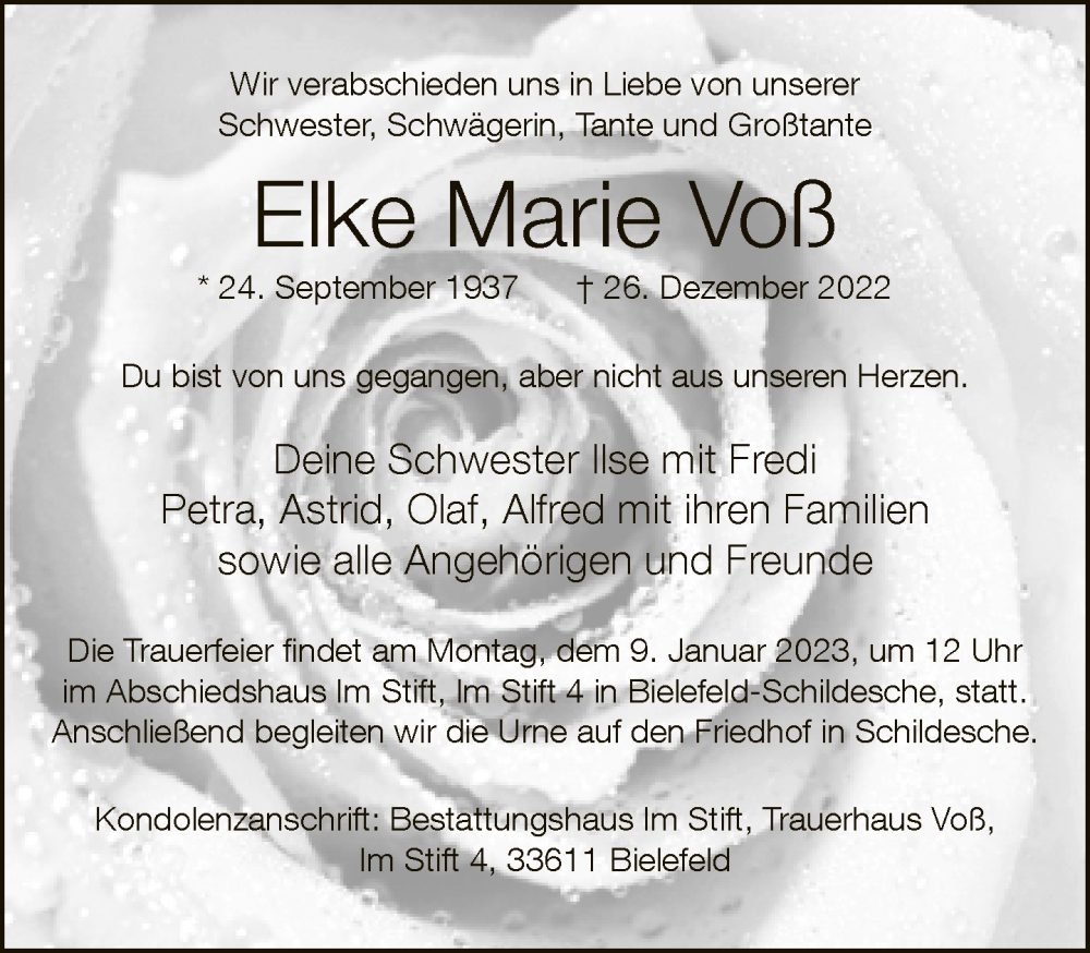  Traueranzeige für Elke Marie Voß vom 04.01.2023 aus Neue Westfälische