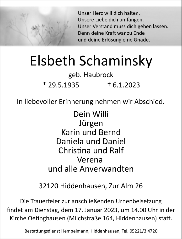  Traueranzeige für Elsbeth Schaminsky vom 11.01.2023 aus Neue Westfälische