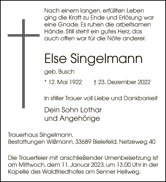 Traueranzeige von Else Singelmann von Neue Westfälische
