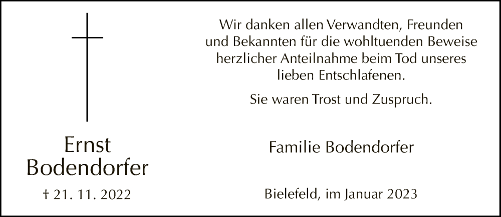  Traueranzeige für Ernst Bodendorfer vom 07.01.2023 aus Neue Westfälische