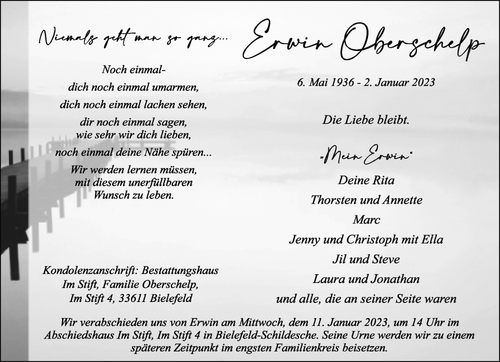  Traueranzeige für Erwin Oberschelp vom 07.01.2023 aus Neue Westfälische