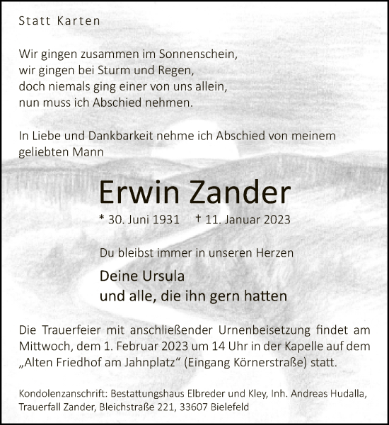 Traueranzeige von Erwin Zander von Neue Westfälische