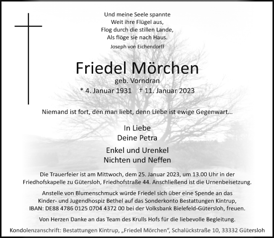 Traueranzeige von Friedel Mörchen von Neue Westfälische
