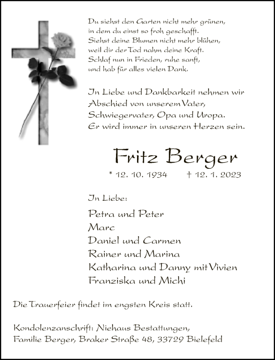 Traueranzeige von Fritz Berger von Neue Westfälische