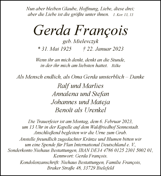 Traueranzeige von Gerda Francois von Neue Westfälische