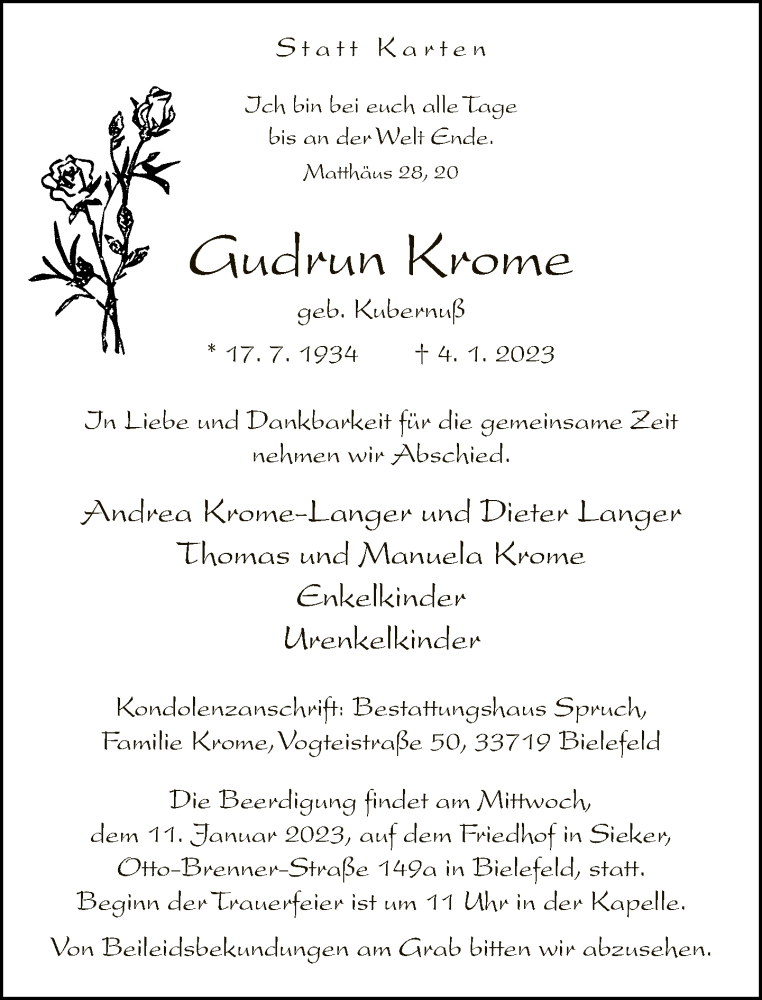  Traueranzeige für Gudrun Krome vom 07.01.2023 aus Neue Westfälische