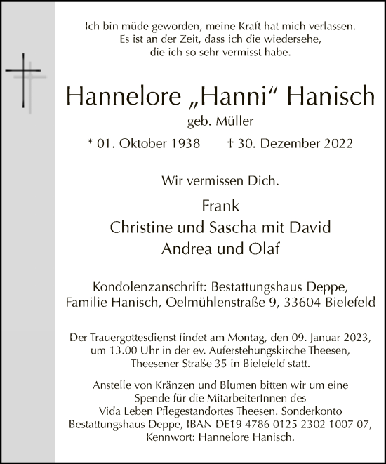 Traueranzeige von Hannelore Hanisch von Neue Westfälische