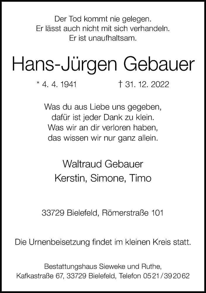  Traueranzeige für Hans-Jürgen Gebauer vom 07.01.2023 aus Neue Westfälische