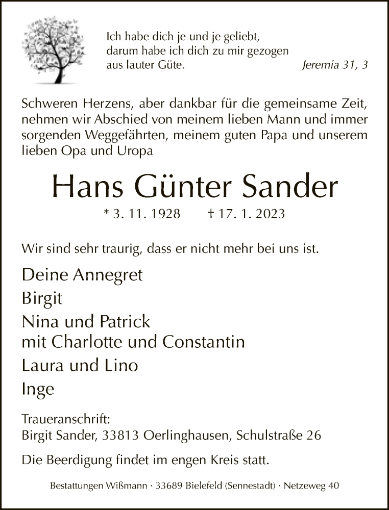  Traueranzeige für Hans Günter Sander vom 21.01.2023 aus Neue Westfälische