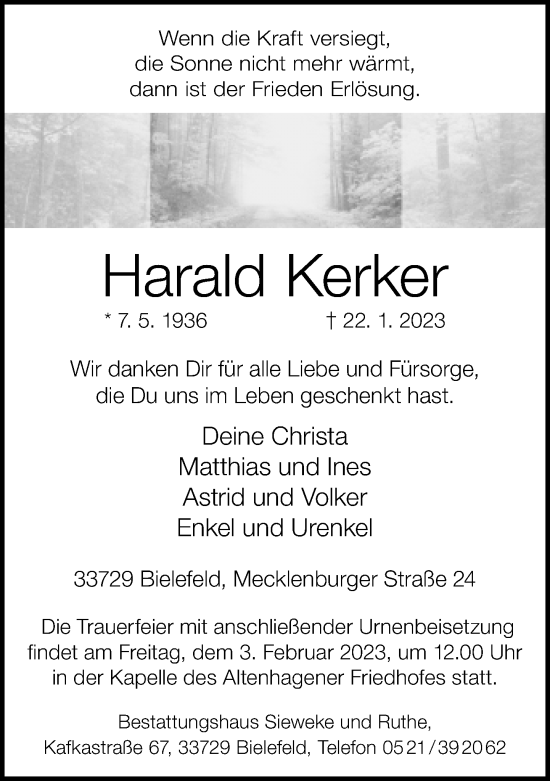 Traueranzeige von Harald Kerker von Neue Westfälische