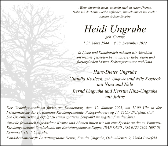 Traueranzeige von Heidi Ungruhe von Neue Westfälische