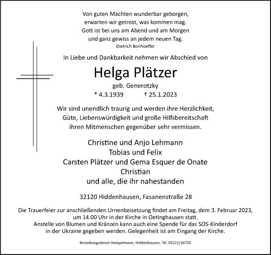 Traueranzeige von Helga Plätzer von Neue Westfälische