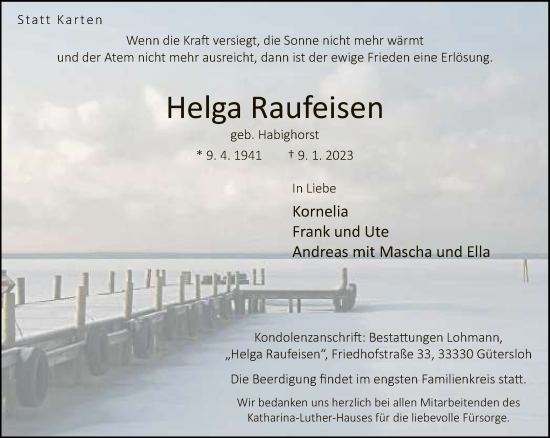 Traueranzeige von Helga Raufeisen von Neue Westfälische