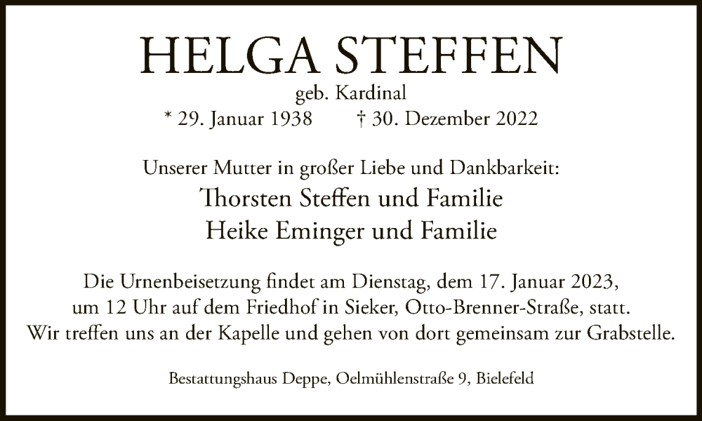  Traueranzeige für Helga Steffen vom 07.01.2023 aus Neue Westfälische