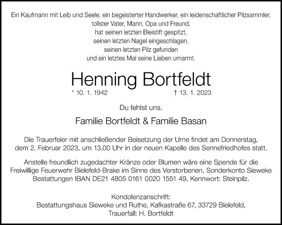 Traueranzeige von Henning Bortfeldt von Neue Westfälische