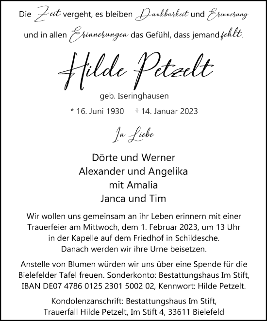 Traueranzeige von Hilde Petzelt von Neue Westfälische