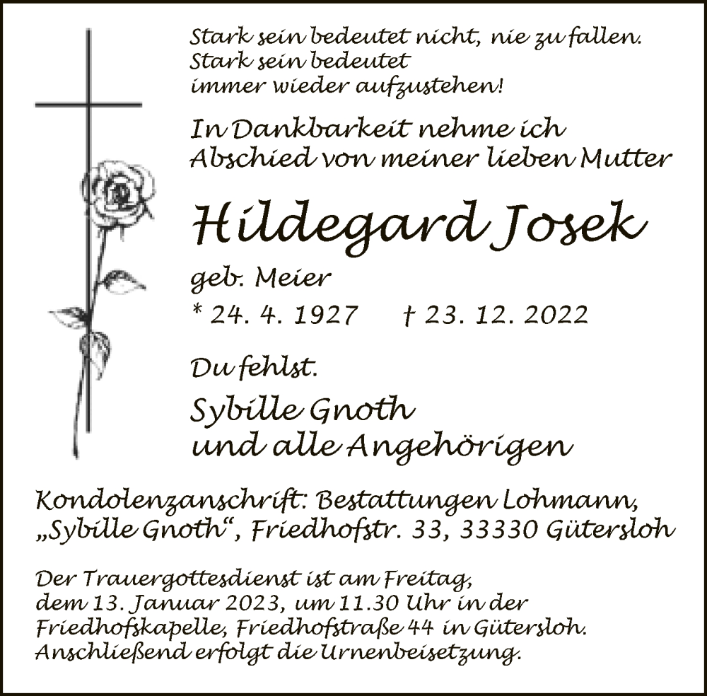  Traueranzeige für Hildegard Josek vom 07.01.2023 aus Neue Westfälische
