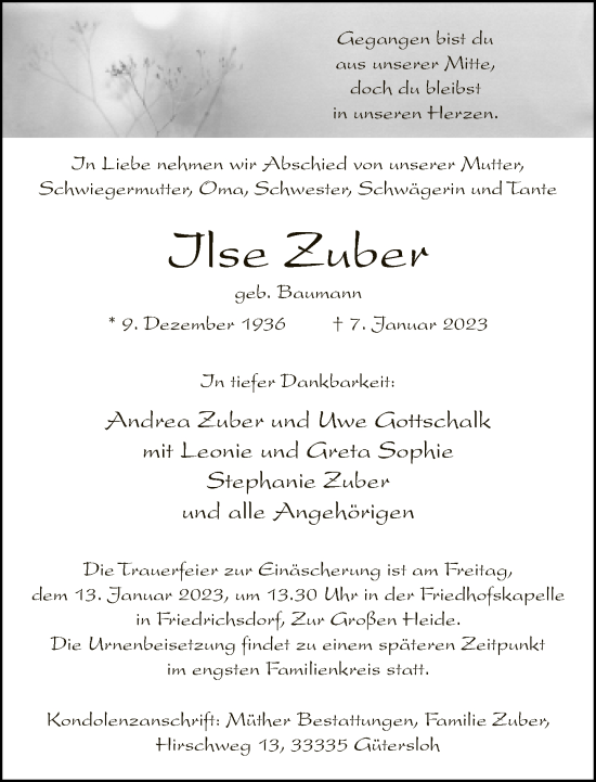 Traueranzeige von Ilse Zuber von Neue Westfälische