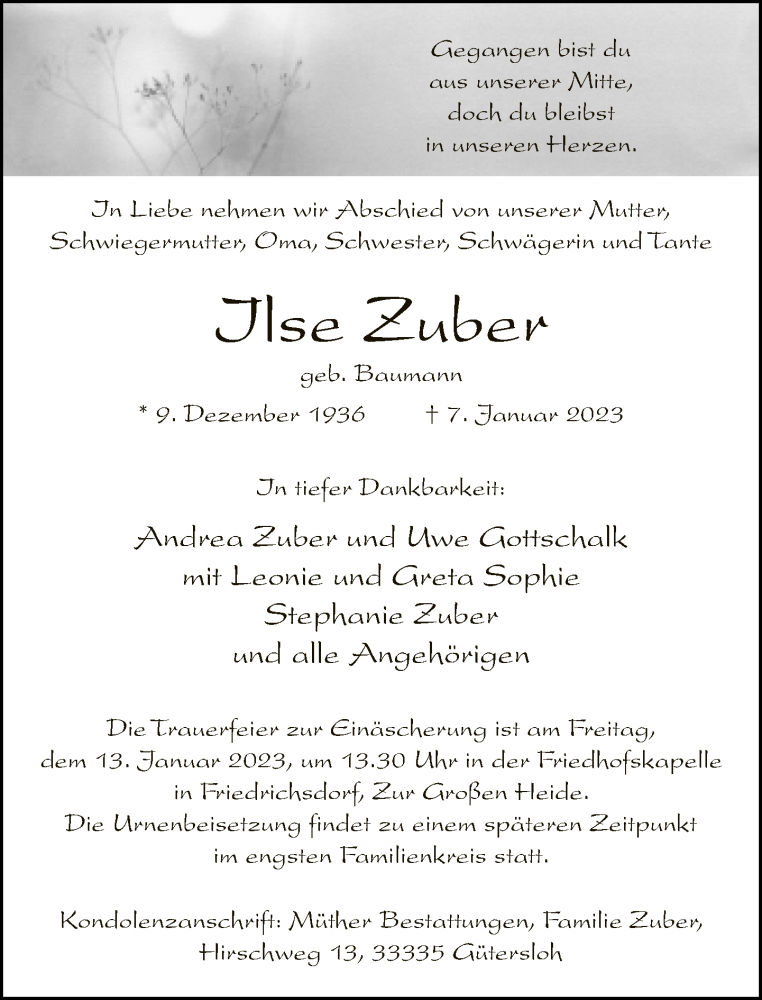  Traueranzeige für Ilse Zuber vom 11.01.2023 aus Neue Westfälische