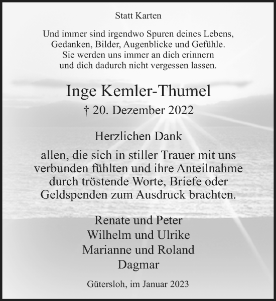 Traueranzeige von Inge Kemler-Thumel von Neue Westfälische