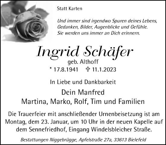 Traueranzeige von Ingrid Schäfer von Neue Westfälische