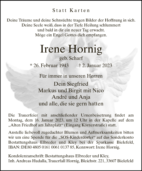 Traueranzeige von Irene Hornig von Neue Westfälische