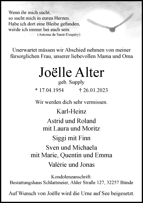 Traueranzeige von Joelle Alter von Neue Westfälische