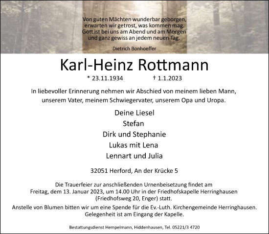 Traueranzeige von Karl-Heinz Rottmann von Neue Westfälische