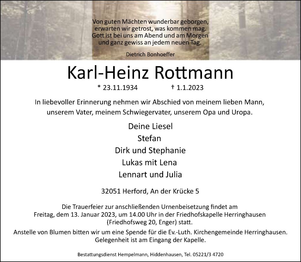  Traueranzeige für Karl-Heinz Rottmann vom 07.01.2023 aus Neue Westfälische