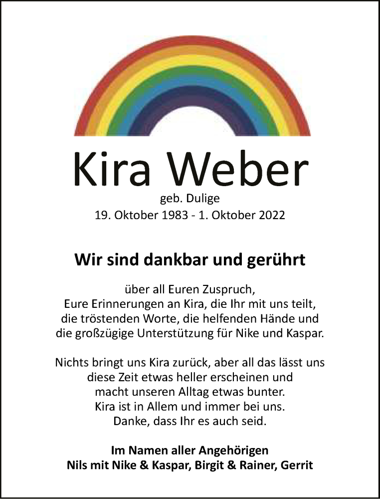  Traueranzeige für Kira Weber vom 07.01.2023 aus Neue Westfälische
