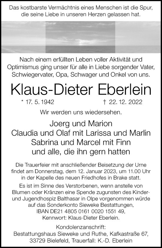 Traueranzeige von Klaus-Dieter Eberlein von Neue Westfälische