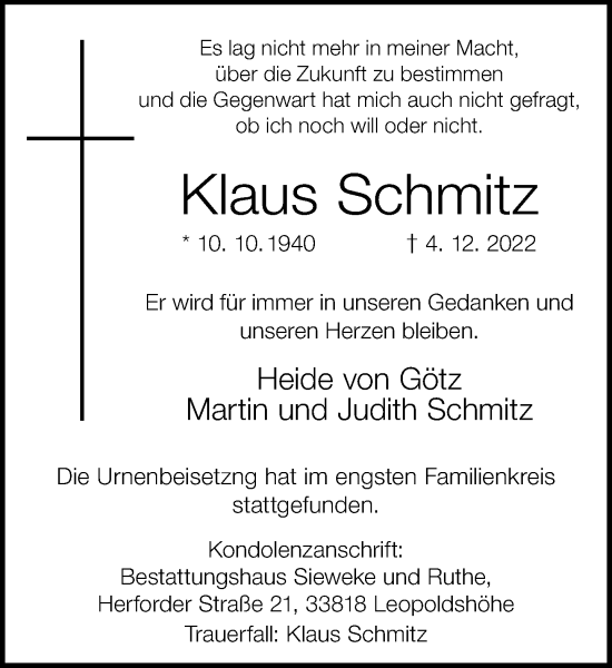 Traueranzeige von Klaus Schmitz von Neue Westfälische