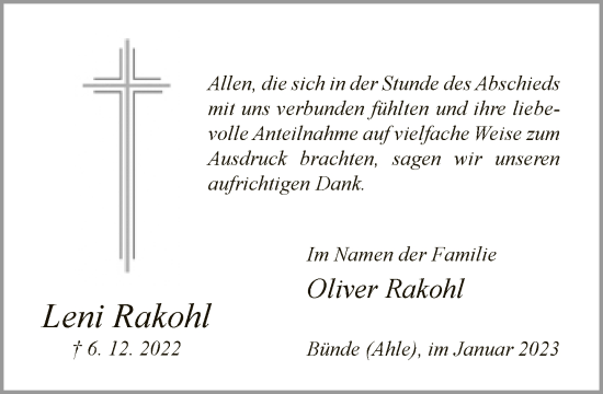 Traueranzeige von Leni Rakohl von Neue Westfälische