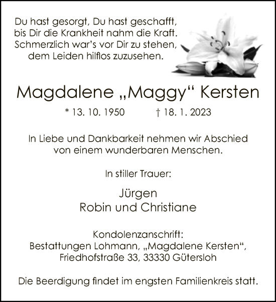 Traueranzeige von Magdalene Kersten von Neue Westfälische