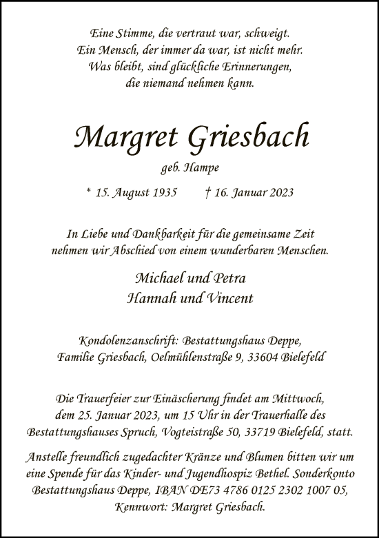 Traueranzeige von Margret Griesbach von Neue Westfälische