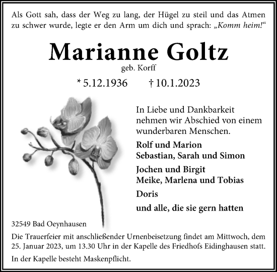 Traueranzeige von Marianne Goltz von Neue Westfälische