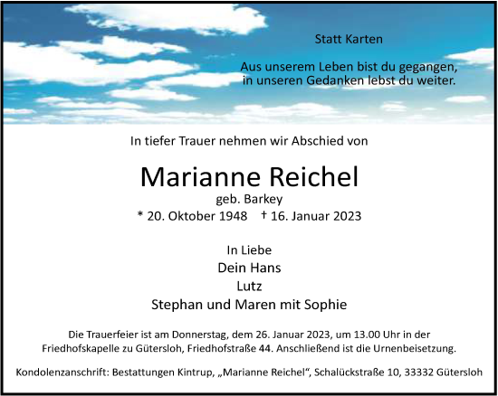 Traueranzeige von Marianne Reichel von Neue Westfälische
