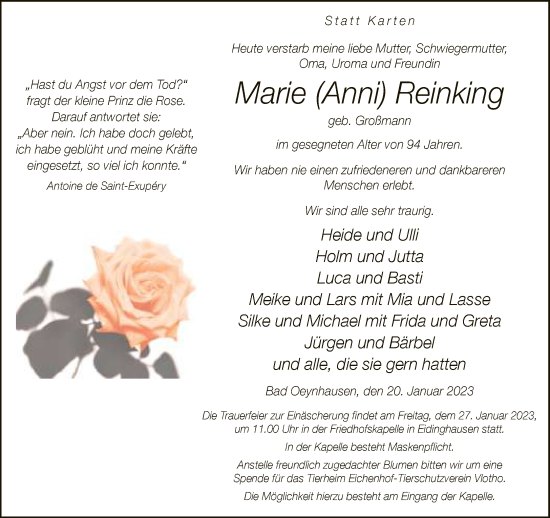Traueranzeige von Marie Reinking von Neue Westfälische