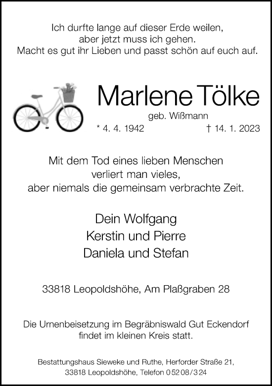 Traueranzeige von Marlene Tölke von Neue Westfälische