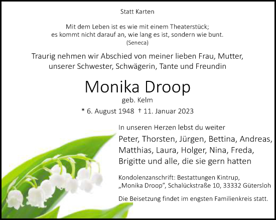 Traueranzeige von Monika Droop von Neue Westfälische