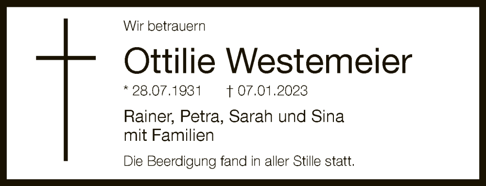  Traueranzeige für Ottilie Westemeier vom 30.01.2023 aus Neue Westfälische