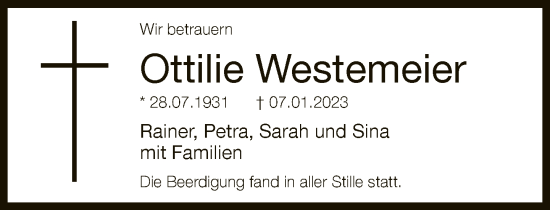 Traueranzeige von Ottilie Westemeier von Neue Westfälische