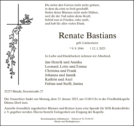 Traueranzeige von Renate Bastians von Neue Westfälische
