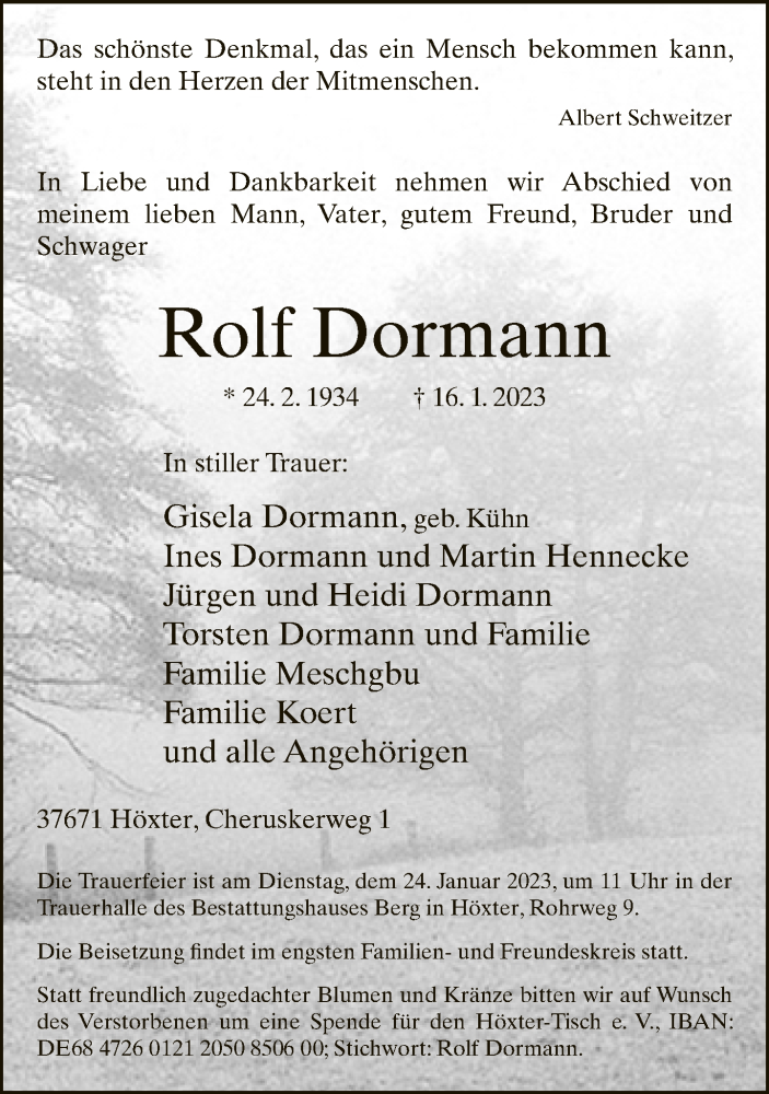  Traueranzeige für Rolf Dormann vom 21.01.2023 aus Neue Westfälische
